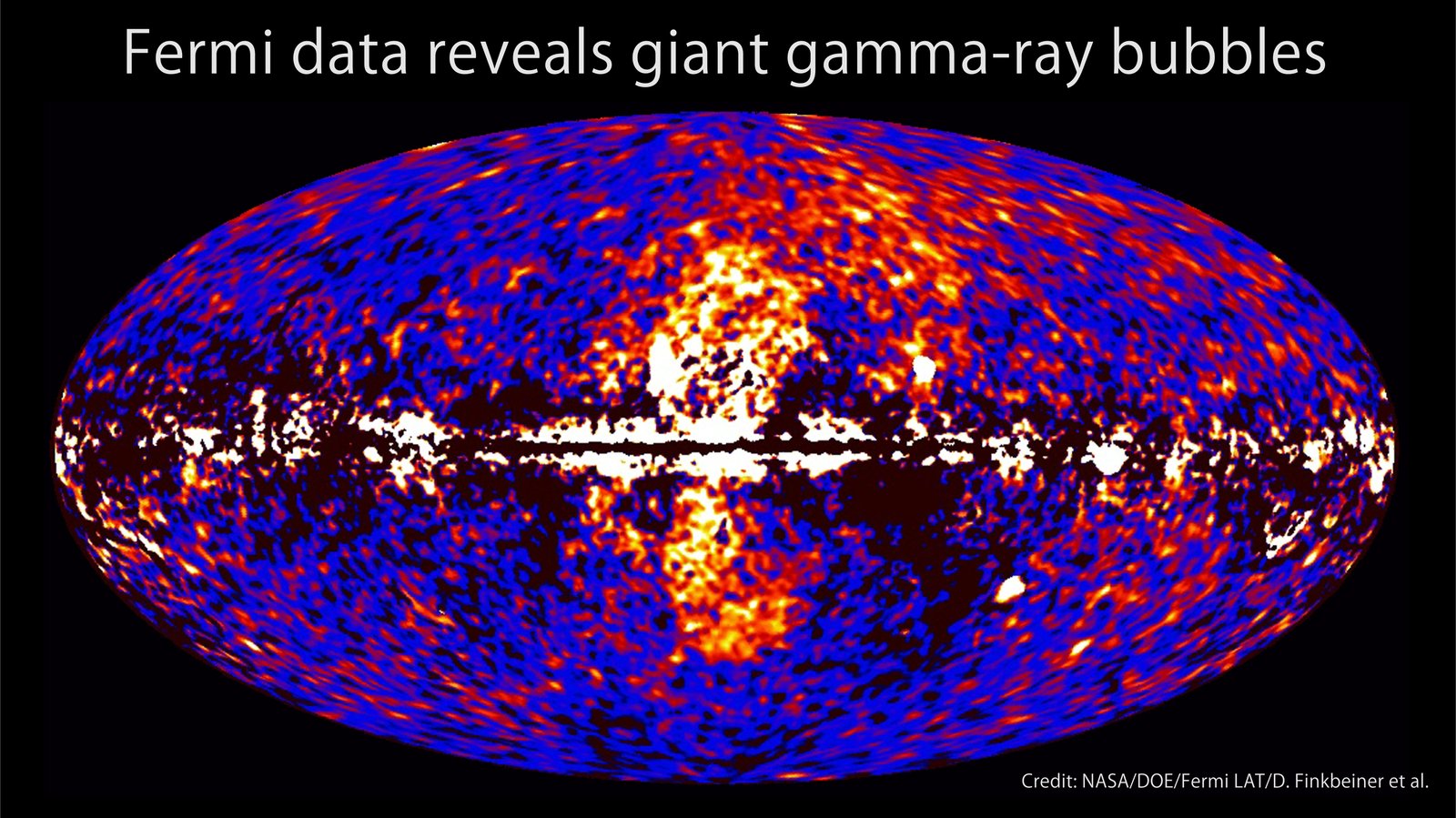 Processed Fermi all-sky gamma-ray map showing a dumbbell-shaped structure above and below the galactic center